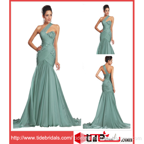 2014 Long New One Shoulder Mermaid Ruffles Chiffon Party Bridesmaid Dress Gown Evening Dress (TC132904)